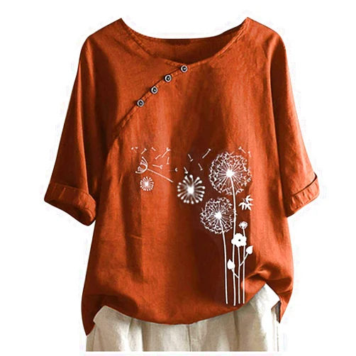 Masbird Summer Tops for Women Cotton Linen Casual Floral Short Sleeve T-Shirt Lightweight Crewneck Blouse Tee Plus Size Shirt