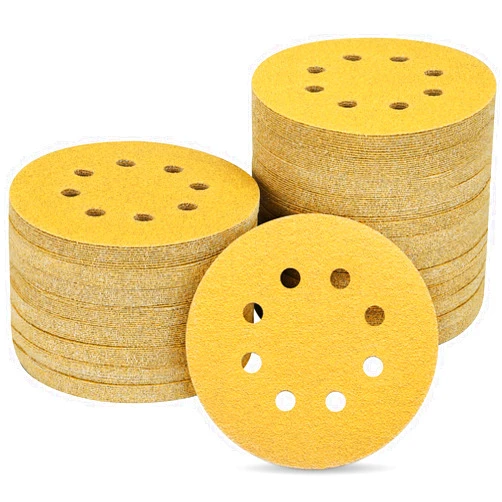 POTUINOM 100PCS 5 Inch 8 Hole Sanding Discs 100 Grit,Gold Round Hook and Loop Sandpaper for Random Orbital Sander