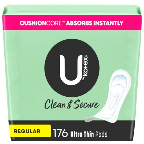 U by Kotex Clean & Secure Ultra Thin Pads, Regular Absorbency, 176 Count (4 Packs of 44) (Packaging May Vary)