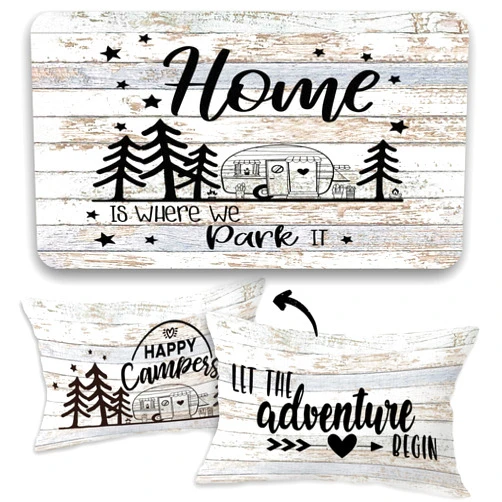 FLDAS Home is Where We Park It Soft Diatom Mud Absorbent Bath Rug 17”x30”,Happy Camper Let The Adventure Begin Reversible Throw Pillow Cover 12”x20”,Set of 1 Pillow Cover 1 Doormat,Campsite RV Decor
