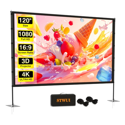 STWUI Outdoor-Projector-Screen-with-Stand - 120 inch Portable Projector Screen Indoor Outdoor Projector Screen 16:9 4K HD Lightweight Movie Screen with Carry Bag for Backyard Movie Night