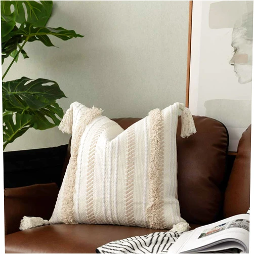 OJIA Boho Decorative Throw Pillow Cover, 18 x 18 Farmhouse Cute Pillowcase Minimalist Neutral Collection Cream White Tufted with Tassels Woven Square Cushion Cover for Sofa Couch Bedroom Living Room