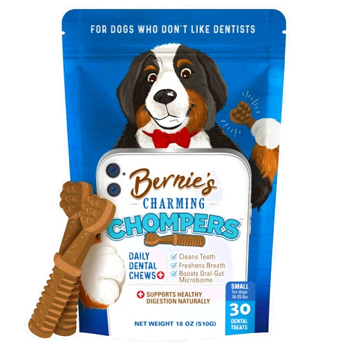 Bernie's Charming Chompers - Daily Dental Chews for Dogs 15-25 Lbs. - 30 Count - Cleans Teeth, Freshens Breath, Boosts Oral-Gut Microbiome. Easy to Digest, Supports Healthy Digestion Naturally