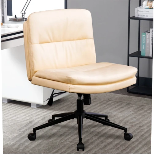 ESTRUCO Wide Office Chair with Wheels Armless Desk Chair No Arm Leather Vanity Chair Swivel Home Office Desk Chair 120°Rocking Mid Back Ergonomic Computer Chair for Make Up (Beige,Leather)