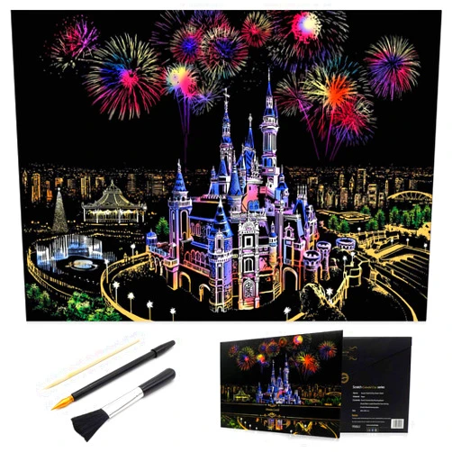 MIASTAR Scratch Painting Kits for Adults & Kids, Craft Art Set, Rainbow Scratch Art Painting Paper, Sketch Pad DIY Night View Scratchboard, 16'' x 11.2'' Creative Gift - with 3 Tools (Dream Castle)