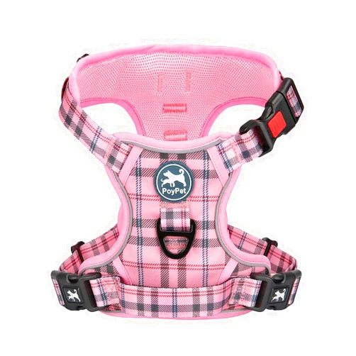 PoyPet No Pull Dog Harness, Reflective Adjustable No Choke Pet Vest with Front & Back 2 Leash Attachments, Soft Control Training Handle for Large Dogs(Checkered Pink,L)