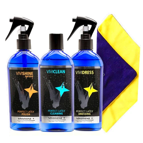Vivishine Spray - Vividress w/Spray - Viviclean - Viviwipe Combo - for Latex Clothing