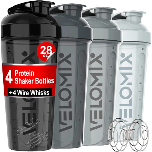 VELOMIX -4 PACK- 28 oz Protein Shaker Bottle for Protein Mixes - 4x Wire Whisk | Leak Proof Shaker Cups for Protein Shakes | Protein Shaker Bottle Pack | Protein Shake Cup