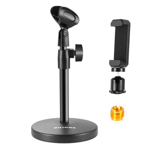 BILIONE 3 in 1 Multi Function Desktop Microphone Stand, Adjustable Table Mic Stand with Microphone Clip, Cell Phone Clip, 5/8