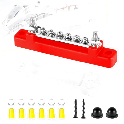 LHLWCCP 48V Bus Bar Power Distribution Blocks, 150A Marine Terminal Studs Blocks, Marine Battery Bus Bar, 6 x #8 Screw Terminal Positive & Negative Battery for Automotive Car Boat (Red)