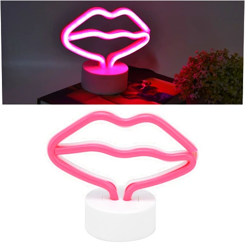 Cyrank Lip Shaped LED Neon Signs Light, Pink Neon Lamp with Stand for Girls Bedroom Pink Lip LED Neon Sign Wedding Home Party Table Decor