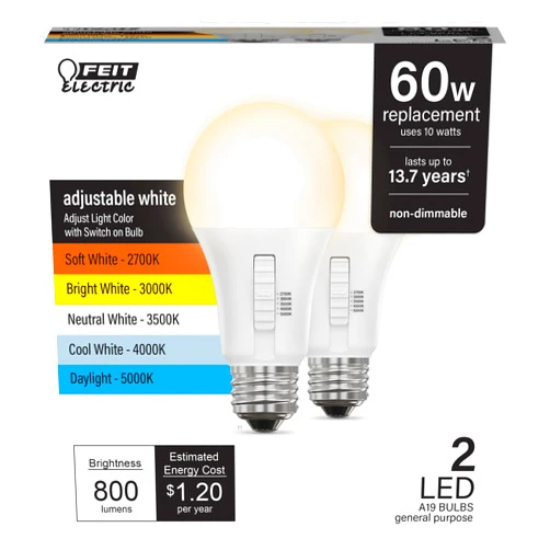 Feit Electric A19 LED Light Bulb, 60W Equivalent, Non-Dimmable, 5CCT, E26 Medium Base, 90 CRI, 800 Lumens, Adjustable White, 13.7 Years Lifetime, 2 Pack, OM60/5CCT/15KLED/2