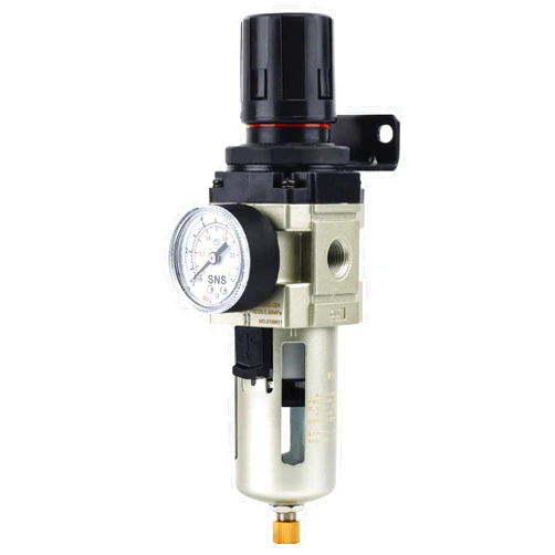SNS 1/4''NPT Compressed Air Compressor Pressure Filter Regulator Piggyback Combo - Poly Bowl with Metal Guard, Semi-auto Drain, Bracket, with Gauge AW3000-N02A