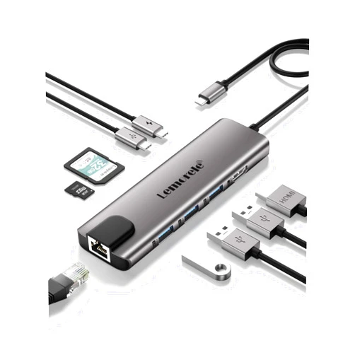 Lemorele USB C Hub Multiport Adapter 9 in 1 w/Gigabit Ethernet, 100W PD, HDMI 4K, 3 USB 2.0, 5Gbps USB C Data Port, SD/TF Card Reader, Dongle Docking Station for MacBook Lenovo HP Dell Laptops