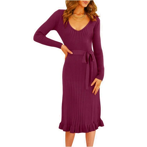 ANRABESS Women's 2024 Sweater Dress Long Sleeve V Neck Pleated Slim Ribbed Knit Fall Fashion Midi Dresses with Belt