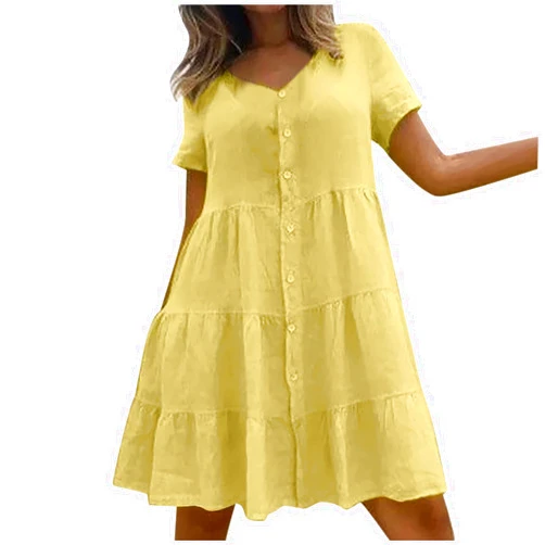 CHGBMOK Women Button Down Dress Loose Summer Dress Ruffle Hem Casual Dress Short Sleeve Tunic Dress Solid Color Dress