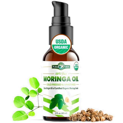 PURA VIDA MORINGA USDA Organic Moringa Seed Oil: 100% Pure, Cold Pressed, Unrefined Moringa Oleifera Seed Oil. 2 oz Bottle with Treatment Pump. For Skin and Hair - Food Grade for Oral Consumption