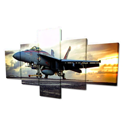 TUMOVO 5 Pieces Fighter Jet at Sunset Canvas Wall Art, Modern Houses Art Print for Wall Decor, Airplane Posters Gift for Men Boys Room Decor, Gallery-Wrapped Ready to Hang,50