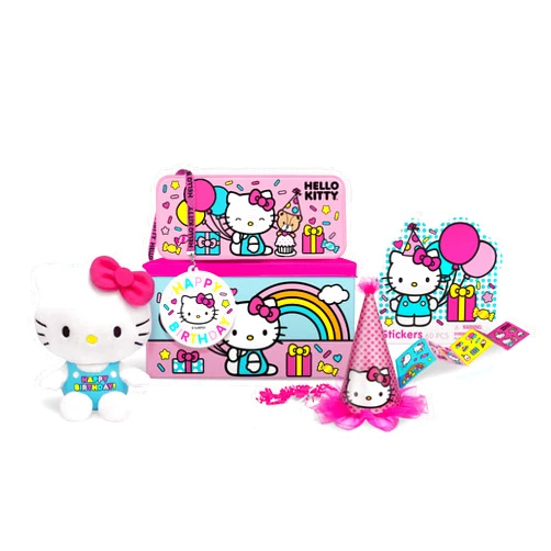 Megatoys Hello Kitty Party Gift Set - Tin Box, Pencil Case, Stickers, Birthday Necklace, Plush, and Hat