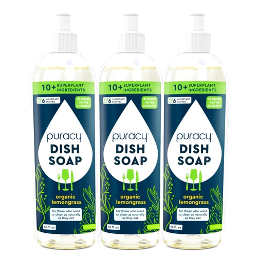 Puracy Dish Soap, Gently Scented with Organic Lemongrass for Fragrance Free Glasses, Kitchen Soap That Cares for Dishes & Hands, Skin-Softening Liquid Dishwashing Detergent Soap, 16 Ounce (3-Pack)