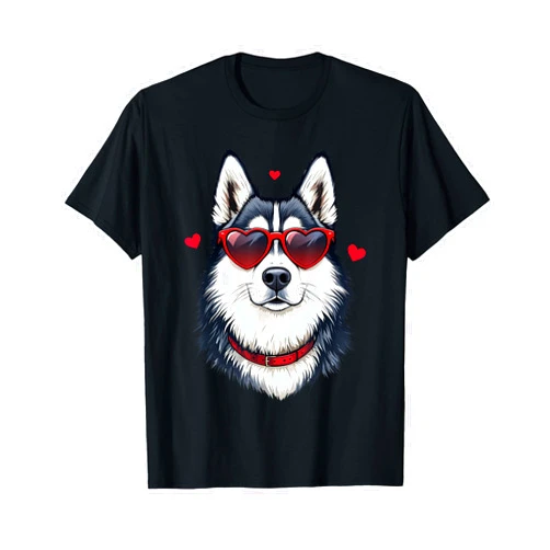 Cute Husky Dog Lovers Valentine's Gift Husky Dog Heart Glasses Cute Valentine’s Day T-Shirt