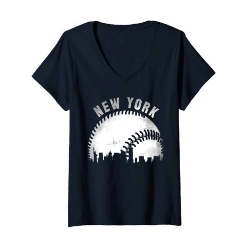 Vintage City Skyline Baseball Gifts Womens Vintage New York Skyline City Baseball V-Neck T-Shirt