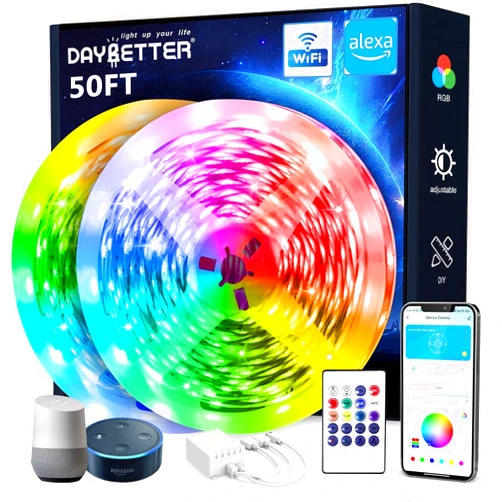 DAYBETTER 50 ft Smart WiFi Led Lights, Led Strip Lights Work with Alexa and Google Assistant, App Voice Remote Control Music Sync Color Changing RGB Strip Lighting for Bedroom Room Decor