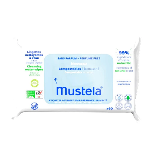 Mustela Baby Home Compostable Cleansing Wipes - For Face, Body & Diaper Area - 99% ingredients of natural origin & plant-based fibers - For all skin types - Fragrance Free Version & Various Sizes