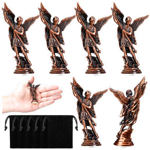 Wesiti 6 Pcs Archangel Saint Michael Statue 3.31 Inch Religious Figurine with Black Velvet Bags Collectible Angel Sculpture Decor for Home or Car