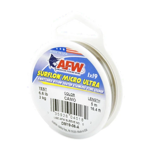 AFW American Fishing Wire Surflon Micro Ultra Nylon Coated 1x19 Stainless Steel Leader Wire - Knottable Fishing Leaders Saltwater & Fly Fishing, 6lb Test - 61lb Test, Bright, Black & Camo Colors