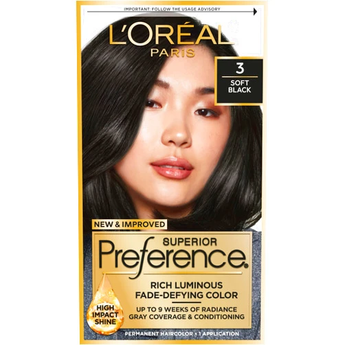 L'Oreal Paris L'Oréal Paris Superior Preference Luminous Fade-Defying Permanent Hair Color, Hair Dye For Up to 9 Weeks of Radiance, Soft Black 3, 1 Hair Dye Kit