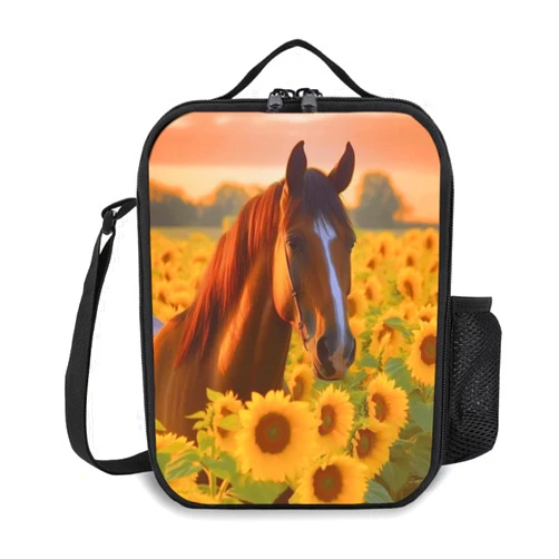 Ximjoju Kids Lunch Box, Insulated Lunch Bag for Girls & Boys, Sunflower Horse Lunch Bag with Shoulder Strap, School Bento Lunchbox for Kids Toddlers Teens, Black Reusable Cooler Thermal Meal Tote Kit