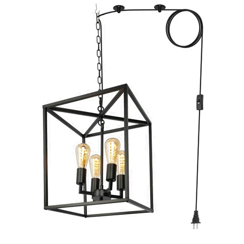 Z ZOSIMIO LIGHT Black Farmhouse Plug in Chandelier with 16.7ft Cord, Industrial Lantern Pendant Hanging Light for Kitchen, Entryway, Hallway, Dinning Room (4-Light)