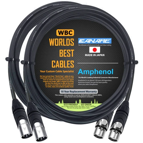 WORLDS BEST CABLES 2 Units - 10 Foot - Canare L-4E6S, Star Quad Balanced Male to Female Microphone Cables with Amphenol AX3M & AX3F Silver XLR Connectors - Custom Made