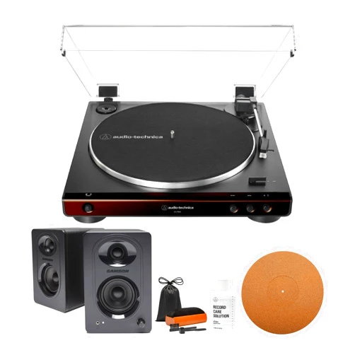 Audio-Technica AT-LP60X Turntable Brown and 3-Inch Powered Studio Monitors Pair (Black) Bundle (4 Items)