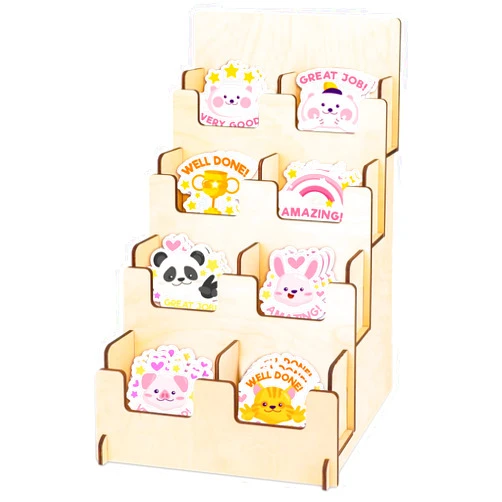 XHWUDI Sticker Display Stand For Vendors - 8 Shelf Portable Sticker Rack Display - 4 Tier Wooden Small Card Display Rack - Tabletop Retail Vendor Display Stand Vendor Events - Perfect for Stickers