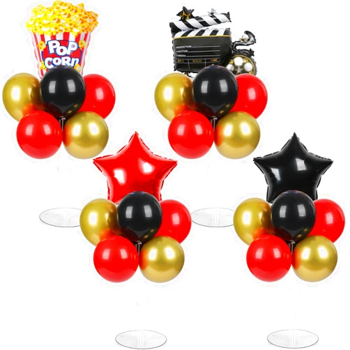 Naozinebi 4 Sets Movie Night Party Decorations Movie Night Supplies Movie Balloons Stand Kit with Popcorn Clapboard Star Foil Balloons Red Black Gold Party Balloon Centerpiece for Table Birthday Camera Film