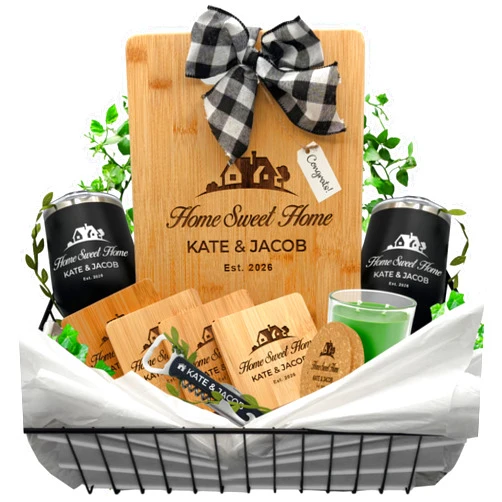 My Personal Memories Personalized Build Your Own New Home Gift Basket with Engraved Cutting Board, Coasters & Tumblers – Custom Housewarming Gift for Realtor Client Closing Gift, First Home Present - Heritage Style