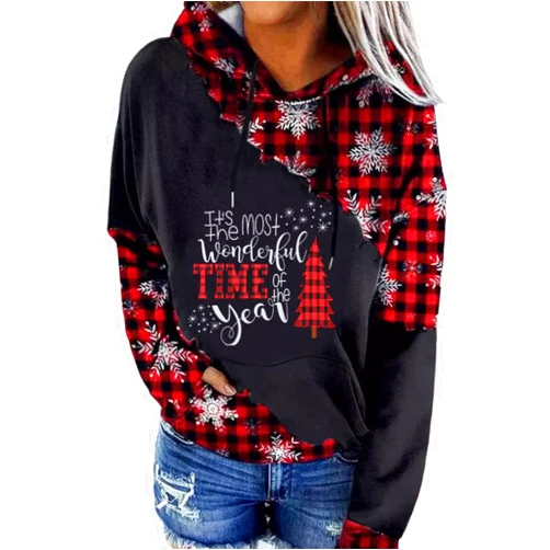 TAOHONG Merry Christmas Sweartshirt for Women Xmas Buffalo Plaid Tree Tops Color Block Snowflake Print Long Sleeve Shirt