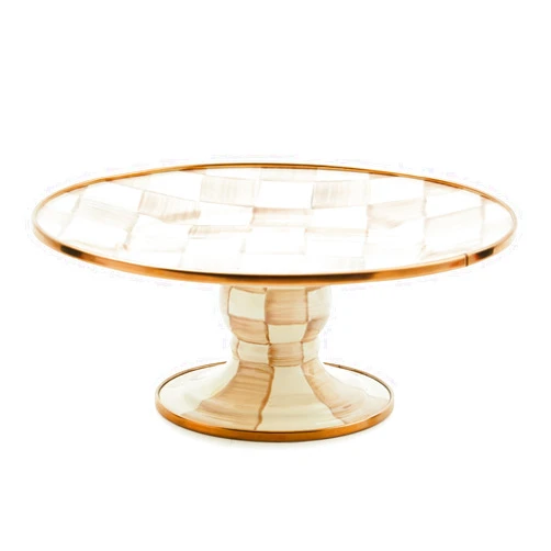 MACKENZIE-CHILDS Enamel Pedestal Platter, Round Cake Stand, Large, Brown-and-White Mocha Check