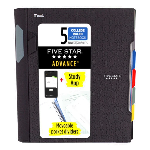 Five Star Advance Spiral Notebook + Study App, 5 Subject, College Ruled Paper, 8-1/2