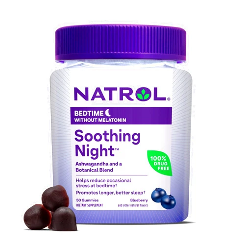 Natrol Soothing Night, Bedtime Without Melatonin, Ashwagandha & Botanical Blend, 50 Gummies (25 Servings) Reduce Stress at Bedtime, Better Sleep, Drug Free, Blueberry Flavored Dietary Supplement