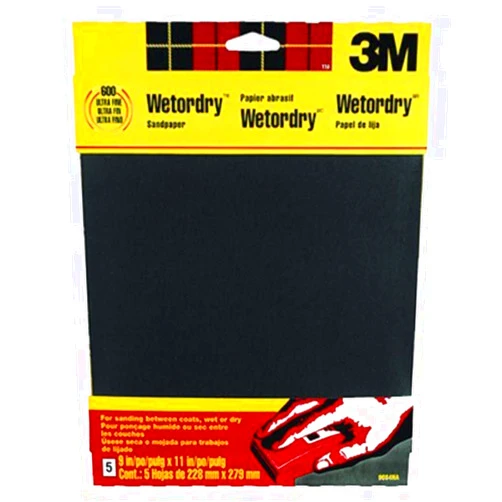 3M Wetordry Sandpaper, 5 Sheets, 9 in x 11 in, 220 Grit, Very Fine, Use for Wet and Dry Sanding, For Sanding Between Coats of Varnish, Lacquer, Paint & Other Finishes, Waterproof Paper (9087DC-NA)