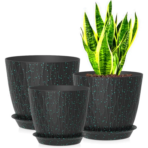 Zople 8/7/6 Inch Plant Pots 3 Pack, Thick Sturdy Plastic Plant Pots, Indoor/Outdoor 3 Size Pots with Drainage Holes and Tray, Tiger Tail Orchid, Flowers and Cactus Black with Green speckles