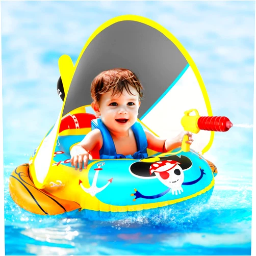 Malocan 2X Thicken Pool Floats Kids with Water Gun, UPF50+ Adjustable Canopy Inflatable Pirate Boat Shaped Toddler Pool Float with Safety Seat, Durable Pool Toys for Kids Ages 2-10 for Boys and Girls