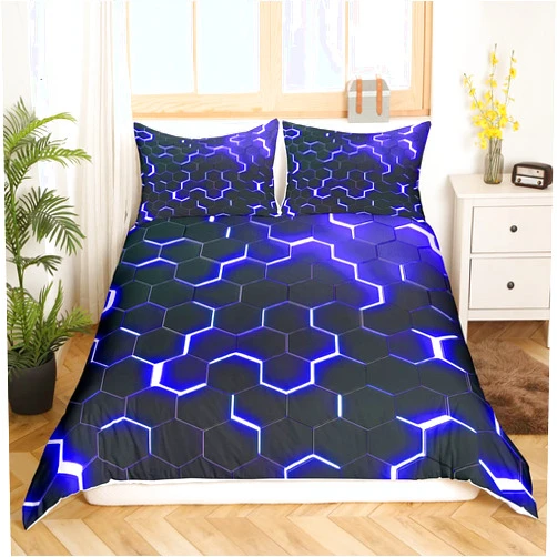 Feelyou 3D Honeycomb Duvet Cover Twin Size Geometry Hexagon Comforter Cover Glitter Print Bedding Set Dark Blue Bedspread Cover for Kids Boys Girls Adults 2Pcs