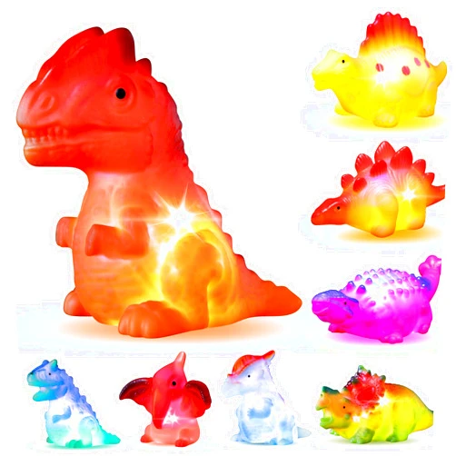 Bakatatoyz 8 Pack light up No Hole Dinosaur Bath Toy Set, Flashing Color Changing Light in Water, Floating Dino Bathtub Bathroom tub Pool Toy for Baby Infant Kid Toddler Child Boy Girl Preschool in Christmas