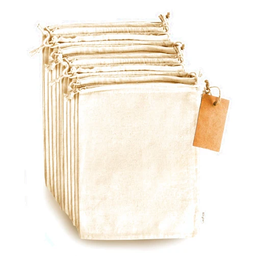 LEAFICO Organic Cotton Produce Bags - Medium 8x10 Inch - 12 Pcs Reusable Muslin Storage Bags with Drawstrings - Canvas Bags - Biodegradable Fabric Bags - Snack Bags - Cloth Bags