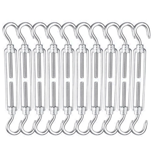 GJLGTSS 10PCS M6 Hook & Hook Turnbuckle, Hook & Eye Heavy Duty Turnbuckle,304 Stainless Steel Turnbuckle Hooks, Adjustable Wire Rope Tensioner for Cable Railing Wire Rope Hardware Kit (M6)