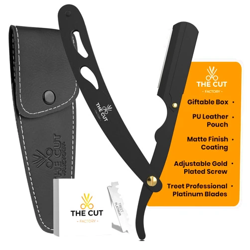 THE CUT - FACTORY - The Cut- Factory- Straight Razor with Pack Of Platinum Treet Single Blade Razors for Men- Professional Barber Straight Edge Razor for Close Shaving 100 Percent Stainless Steel-Black